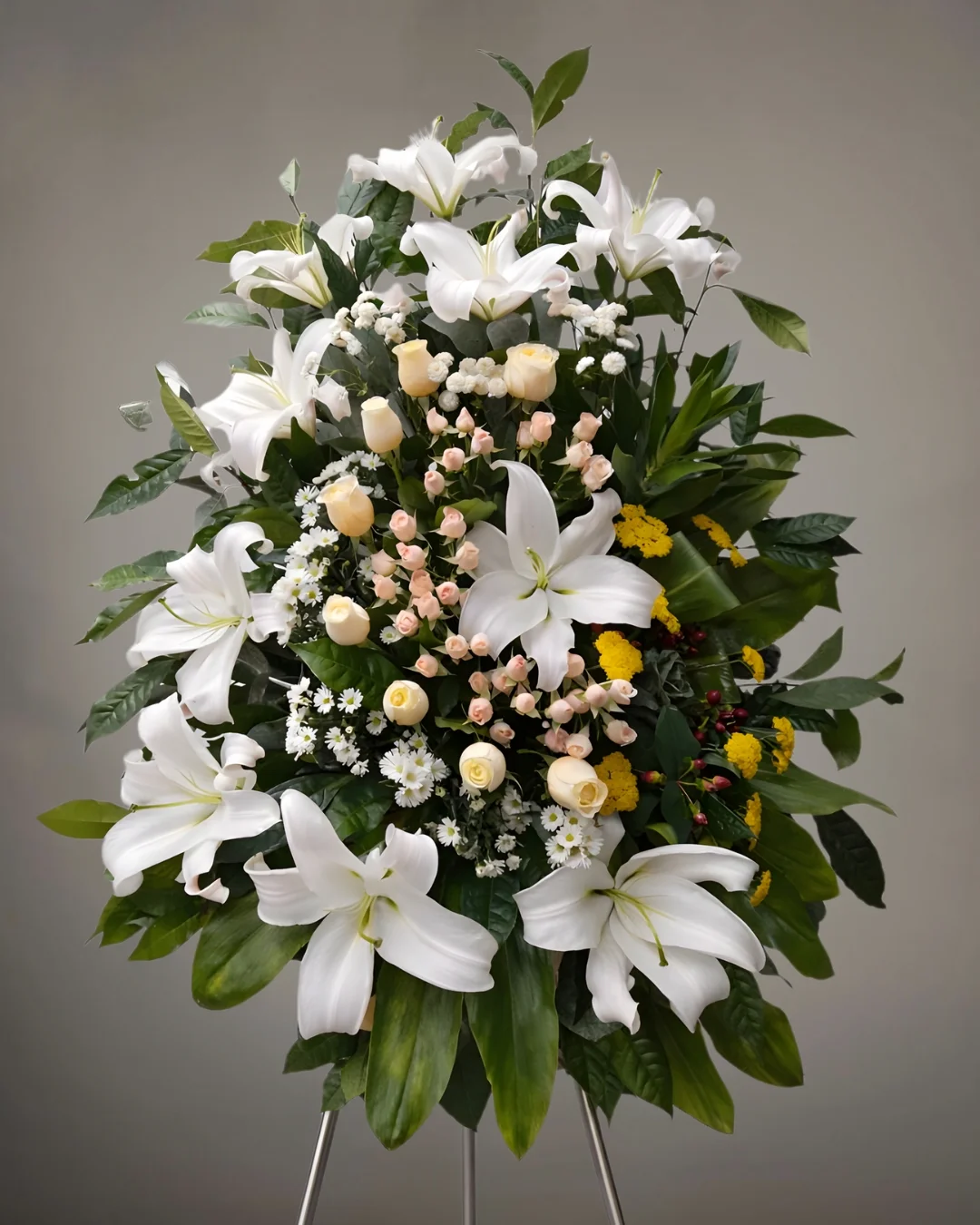 TRI-026 SERENIDAD – LÁGRIMA FÚNEBRE EN TRÍPODE CON LIRIOS BLANCOS Y ROSAS