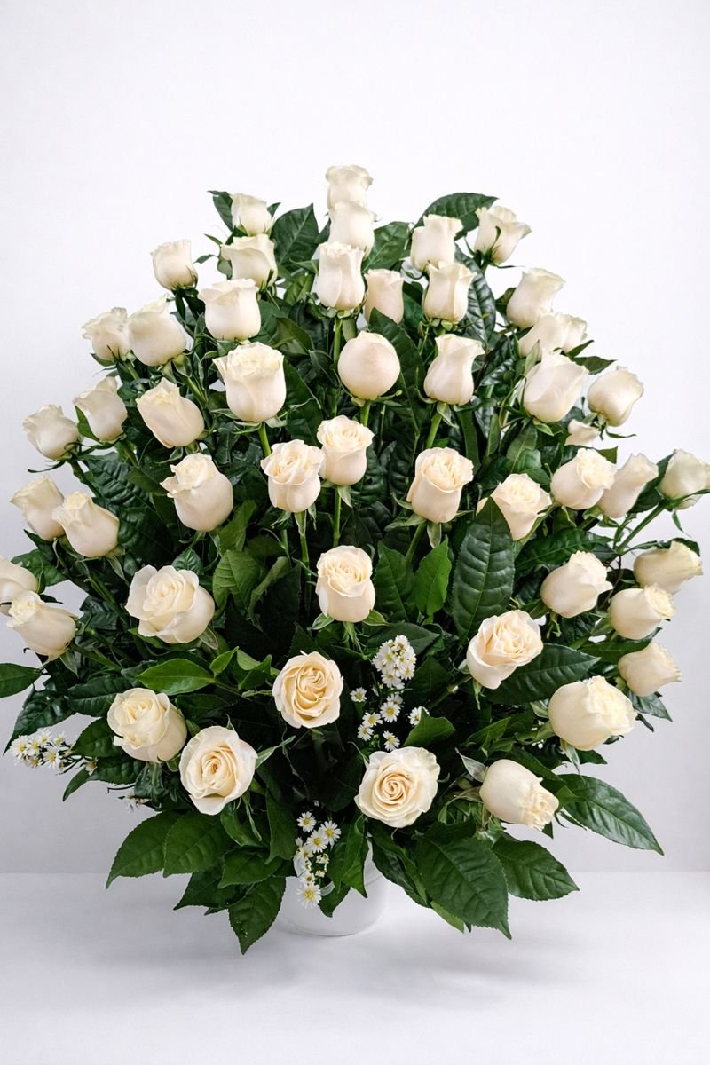 Nieve Serena – Arreglo fúnebre en cerámica de rosas blancas con follaje abundante