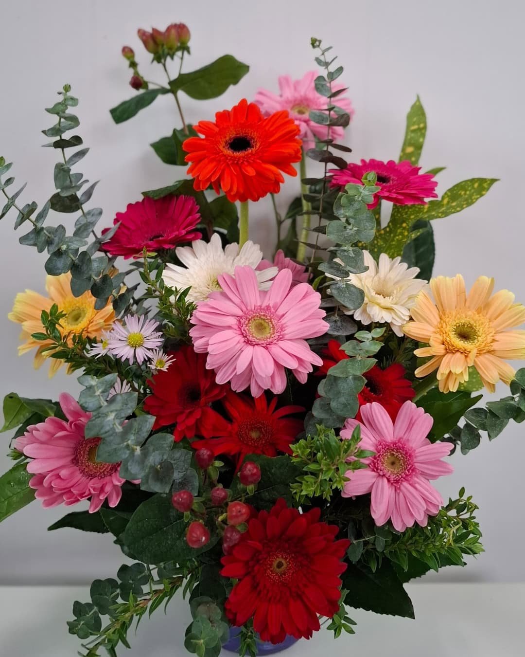 Festival – Carterita de gerberas multicolor con eucalipto y toque vibrante