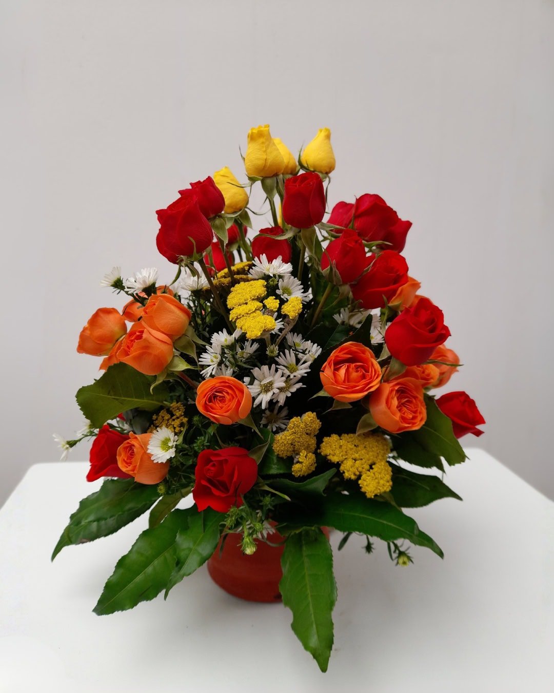 Amanecer Cítrico – Arreglo redondo de Mini Rosas Tricolor