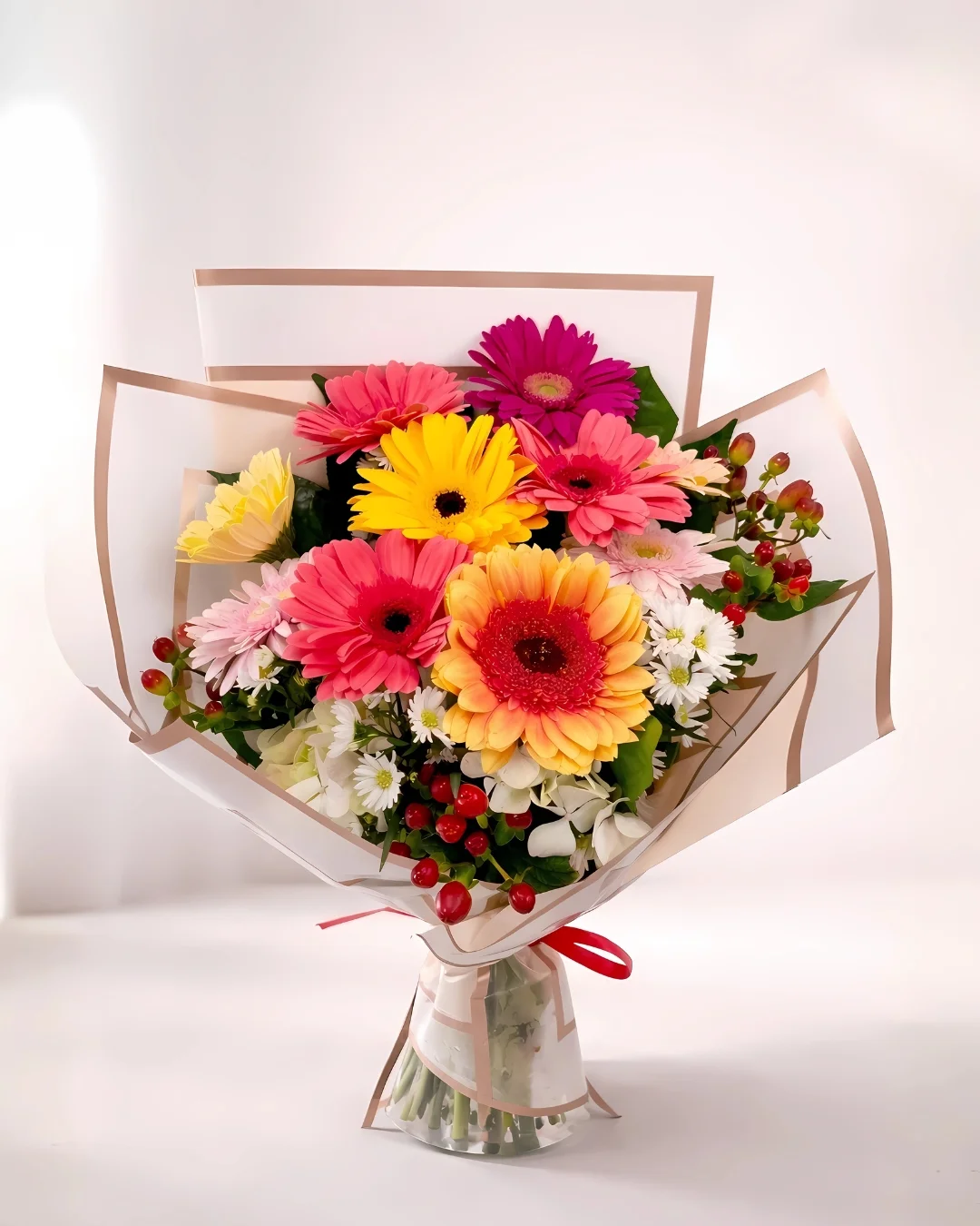 Carnaval Aurora – Ramo de gerberas multicolor con acentos blancos, berries rojas y follaje vibrante