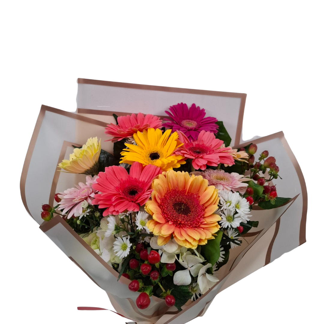 RAM-064-2 Carnaval Aurora – Ramo de gerberas multicolor con acentos blancos, berries rojas y follaje vibrante