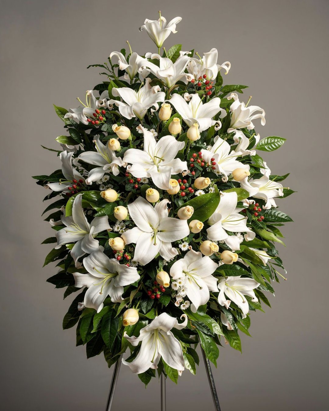 TRI-029-1 Rubí Blanco – Lágrima Fúnebre en Trípode de Lirios Blancos con Rosas e Hypericum