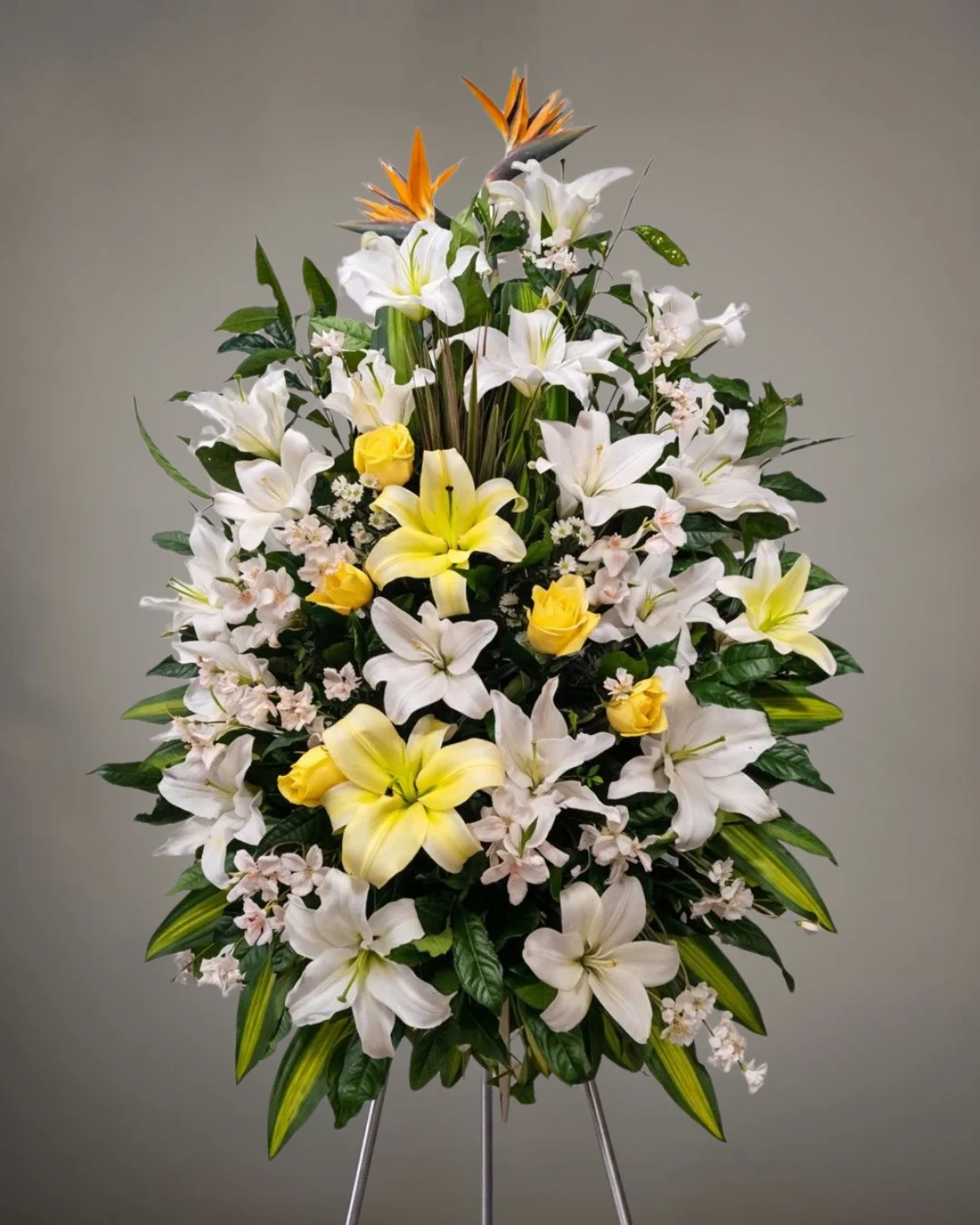 TRI-061 Cálida Despedida – Lágrima Fúnebre en Trípode de Lirios Blancos con Rosas Amarillas y Aves del Paraíso