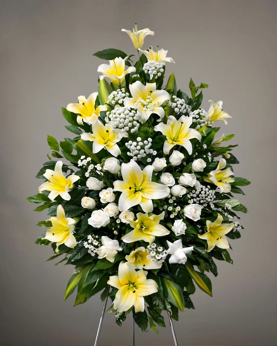 TRI-073 Ámbar – Lágrima Fúnebre en Trípode de Lirios Blanco-Amarillo con Rosas Blancas y Follaje Premium