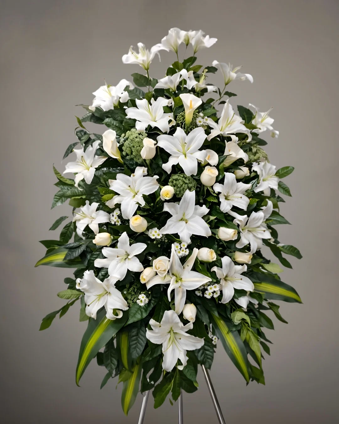 TRI-097 Serenidad – Lágrima Fúnebre en Trípode de Lirios Blancos con Calas y Rosas Marfil